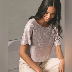 Anthropologie Sequin Cropped T Shirt Blouse Boxy Pink Silver Small